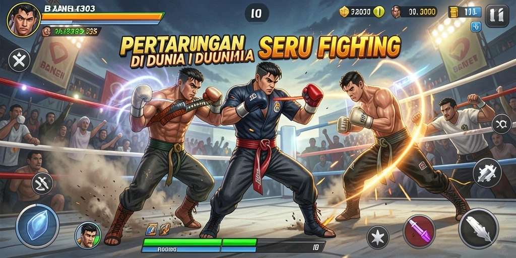 Tampilan screenshot BANK303 dengan karakter bertarung.