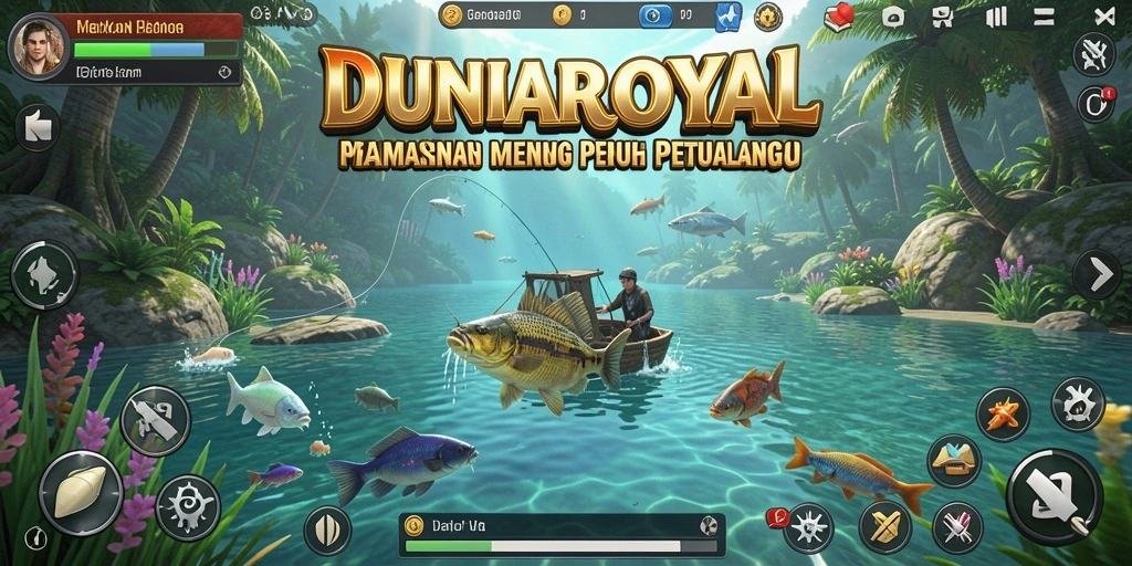 Screenshot gameplay DUNIAROYAL dengan aksi memancing yang seru.