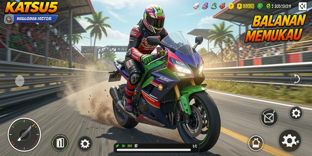 Gameplay seru di KATSU5 menampilkan balapan motor yang mendebarkan.