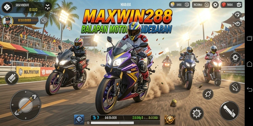 Screenshot gameplay menunjukkan aksi balapan motor yang seru di MAXWIN288.