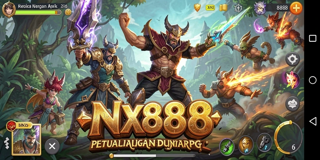 Tampilan screenshot NX888 menampilkan karakter sedang bertempur dalam lingkungan fantastis.