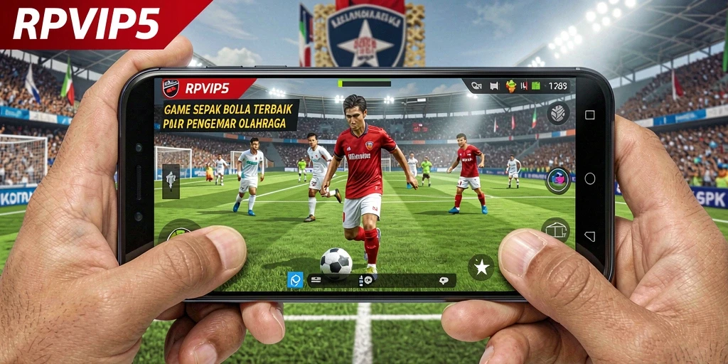 Tangkapan layar utama RPVIP5 menampilkan aksi seru di lapangan sepak bola.