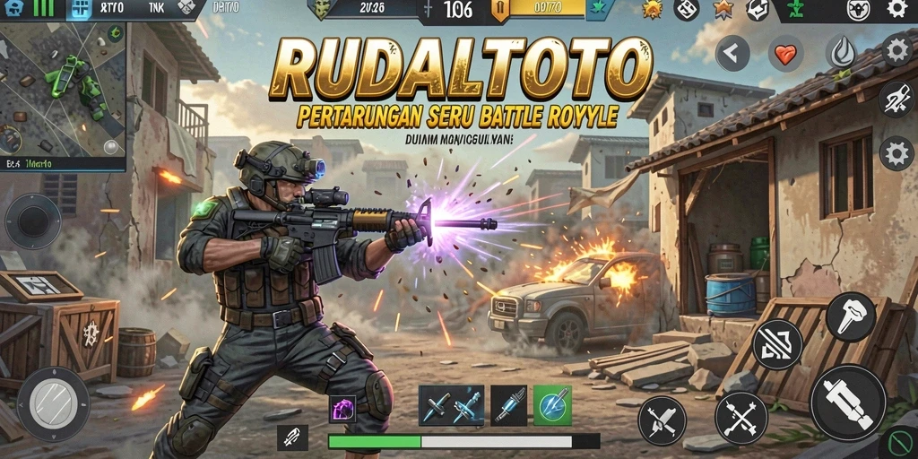 Screenshot gameplay RUDALTOTO dengan adu tembak intens di Battle Royale.
