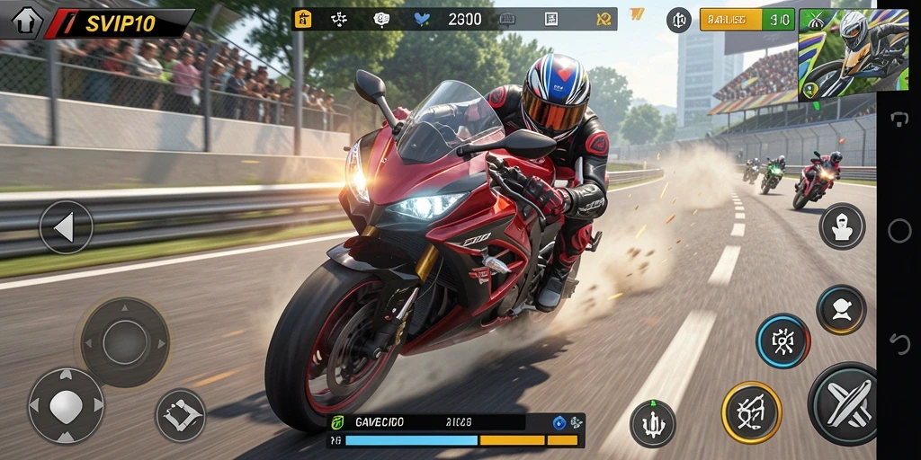 Tampilan gameplay balap motor yang mendebarkan dan penuh aksi di SVIP10.