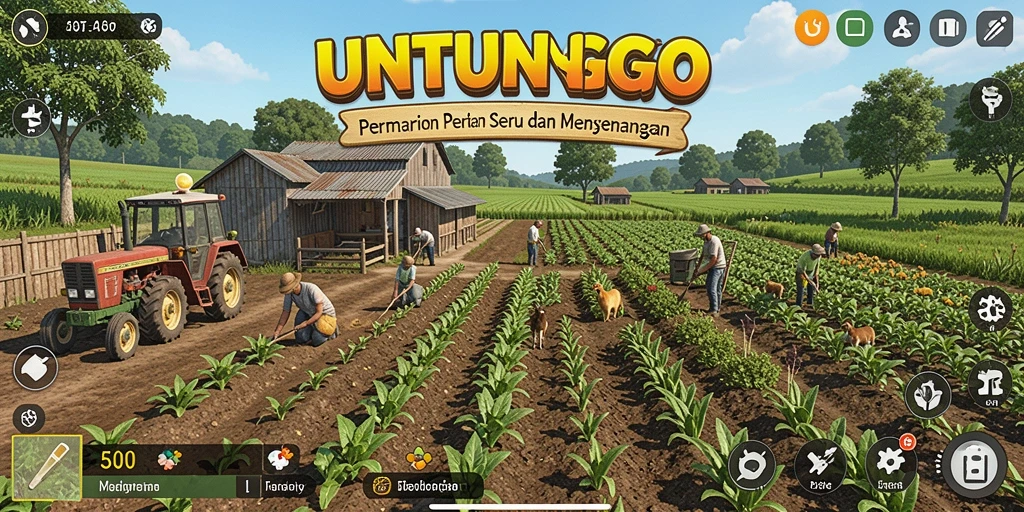 Screenshot utama UNTUNGGO menunjukkan gameplay bertani yang interaktif dan menyenangkan.